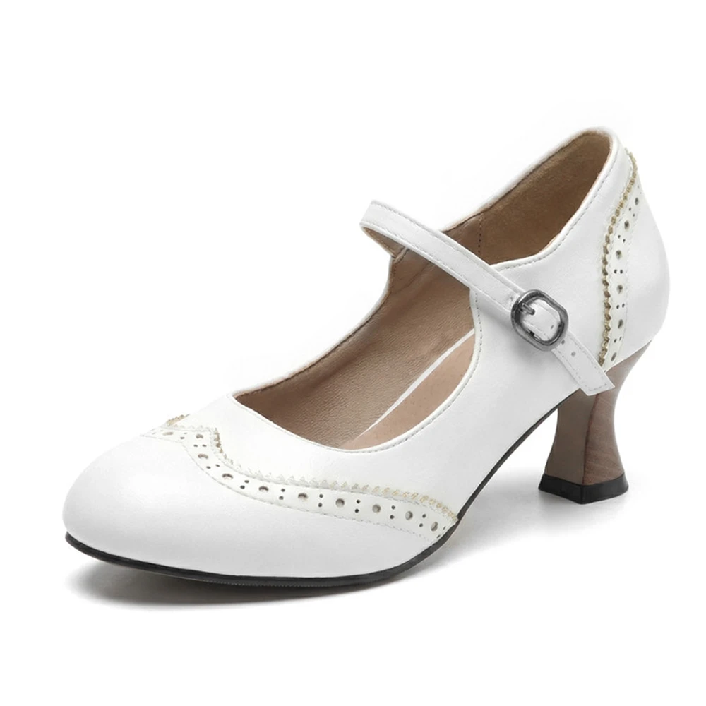Women's Plus Size 34- 50 Vintage Mary Jane Pumps Brogue Flared Heel Ankle Strap Black White Green Brown Party Dress Shoes W03-77