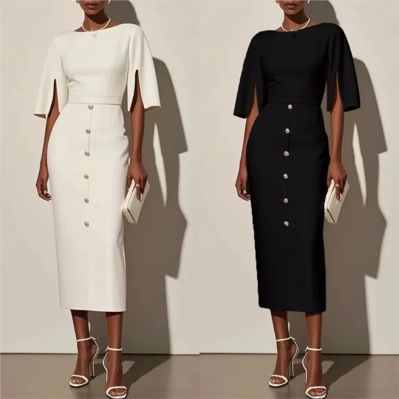 

Summer Fashion O Neck Split Women Dress Elegant Solid Slim Button Party Dress Casual Half Sleeve High Waist Office Lady Dresses