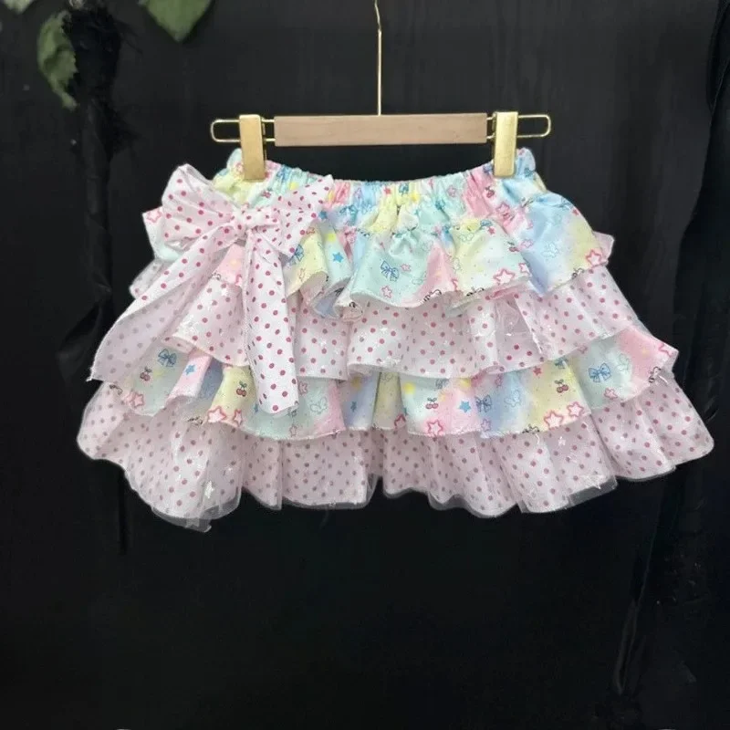 IMU Summer Sweet Kawaii Polka Dot Cartoon Graphic Print Layered Ruffle Mini Skirt Women High Waist Bow Tie Harajuku Party Outfit