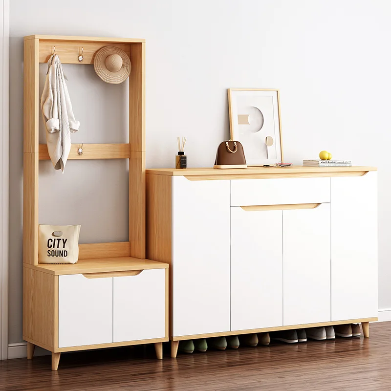 

Shoe Storage Cabinet with 2 Drawers& 4 Doors, Slim Entryway Shoe Organizer with Sun Pattern Doors for Sneakers Shoe Rack Wood