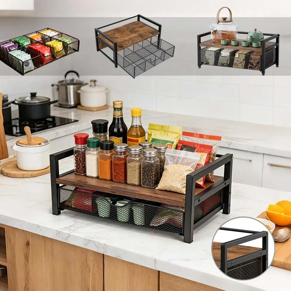 

2-Tier Retro Black Desktop Storage Shelf Tea/Coffee Packets Iron Mesh 8-Grid Basket for Kitchen Office Tabletop Organizer Repisa