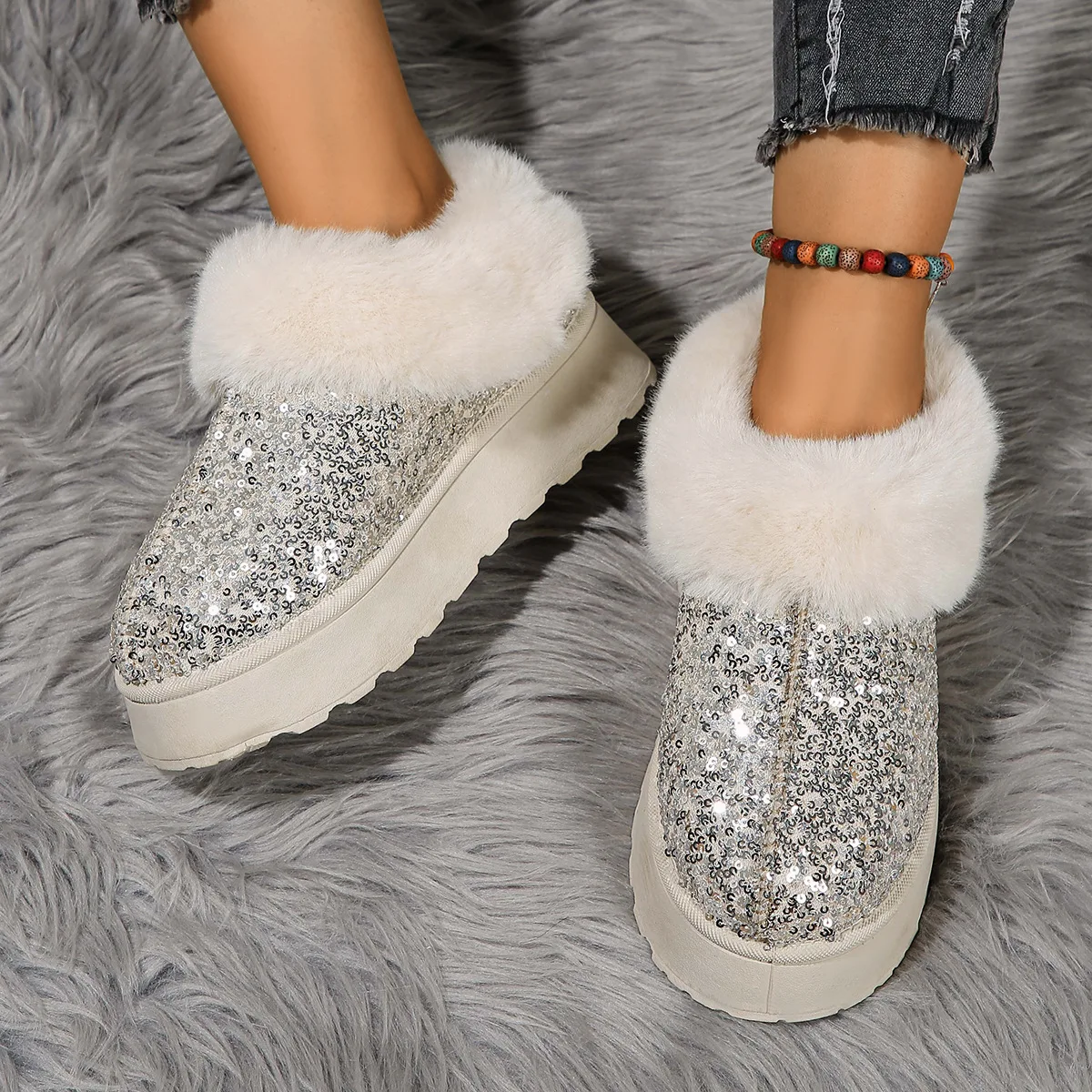 Furry Cotton Shoes Padded Warm Snow Botas Women Non-slip Comfort Home Slippers Outdoor Flat Sequins Shoes Women Platform Boots