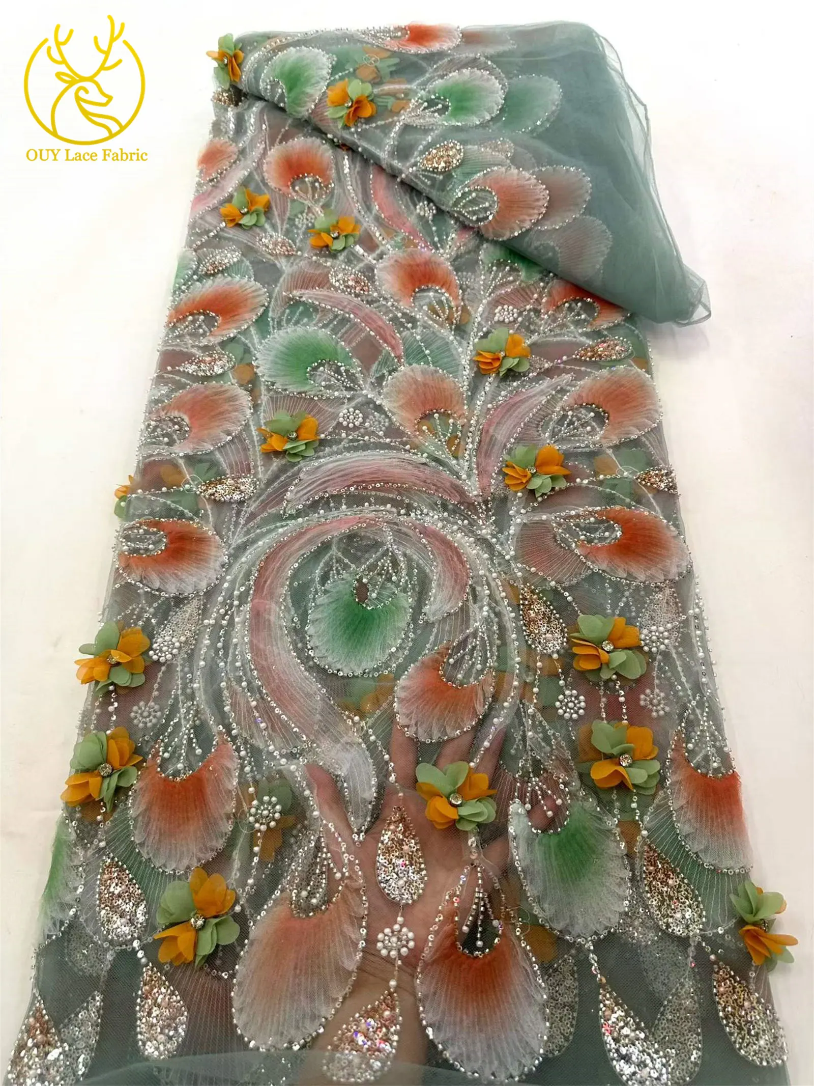 Eleganter 3D-Blumen-Afrikanischer Perlen-Spitzenstoff 2026 Französischer Nigerianischer Pailletten-Tüll-Spitzenstoff für Party- und Hochzeitskleider 5 Yards – Detail 12