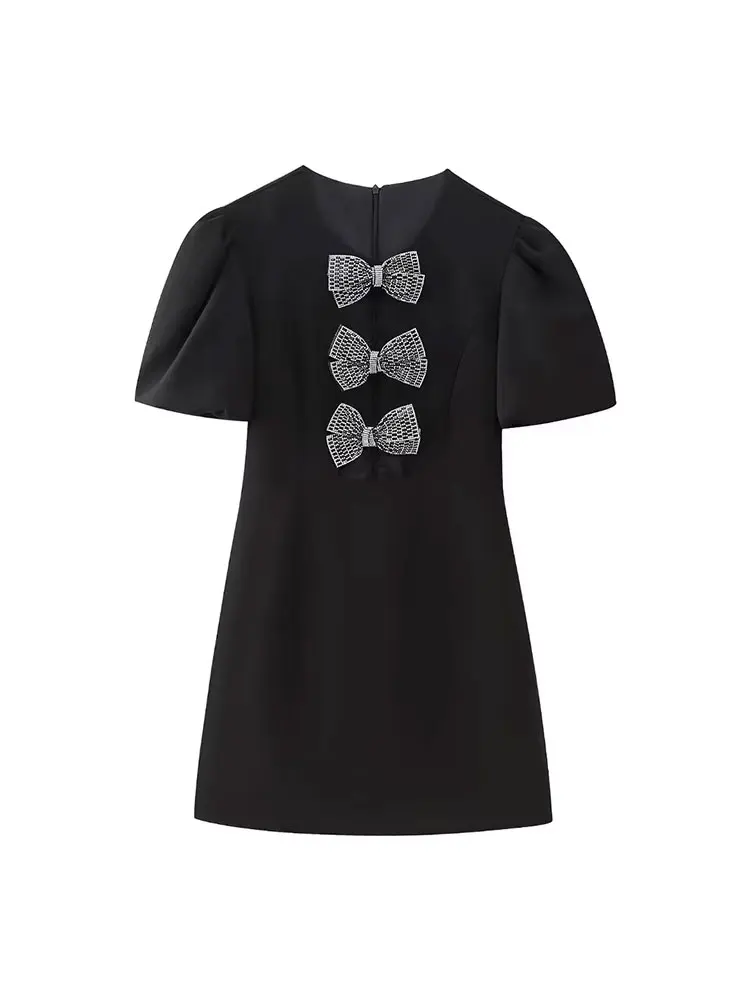 HH Women\'s Fashion Mini Dress Short Sleeves Solid V-Neck Slim Hollow Out With Bow Zipper Sexy Party Wearing Retro Dresses