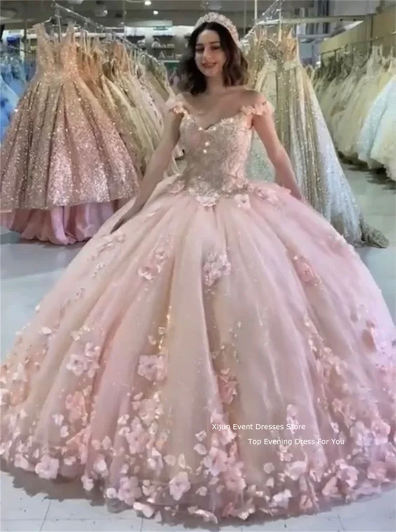 Xijun Baby Pink Ball Gown With 3D Flowers Sweet 16 Dress Embroidery Cape Ball Gown Beaded Long Sweet Frill Party Dress 2023