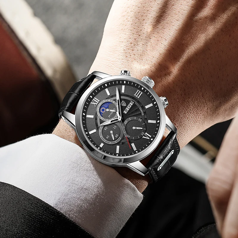 LIGE Orologio da uomo in pelle Sport all'aria aperta Calendario Orologi al quarzo da uomo Impermeabile luminoso Fasi lunari Orologio da uomo Cronografo Orologio + scatola