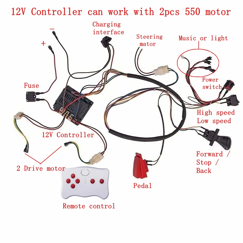 DIY modificado fio e interruptor kit para carro elétrico, controle remoto para o bebê, controlador 4WD, 2.4G Bluetooth, 12V