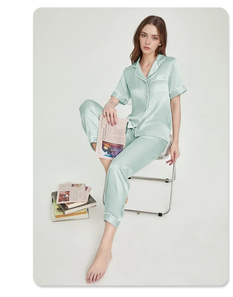 2025 Summer New Style Women's 19 Momme Heavyweight Silk Pajamas - 100% Mulberry Silk Short-sleeve and Long-pants Loungewear Set