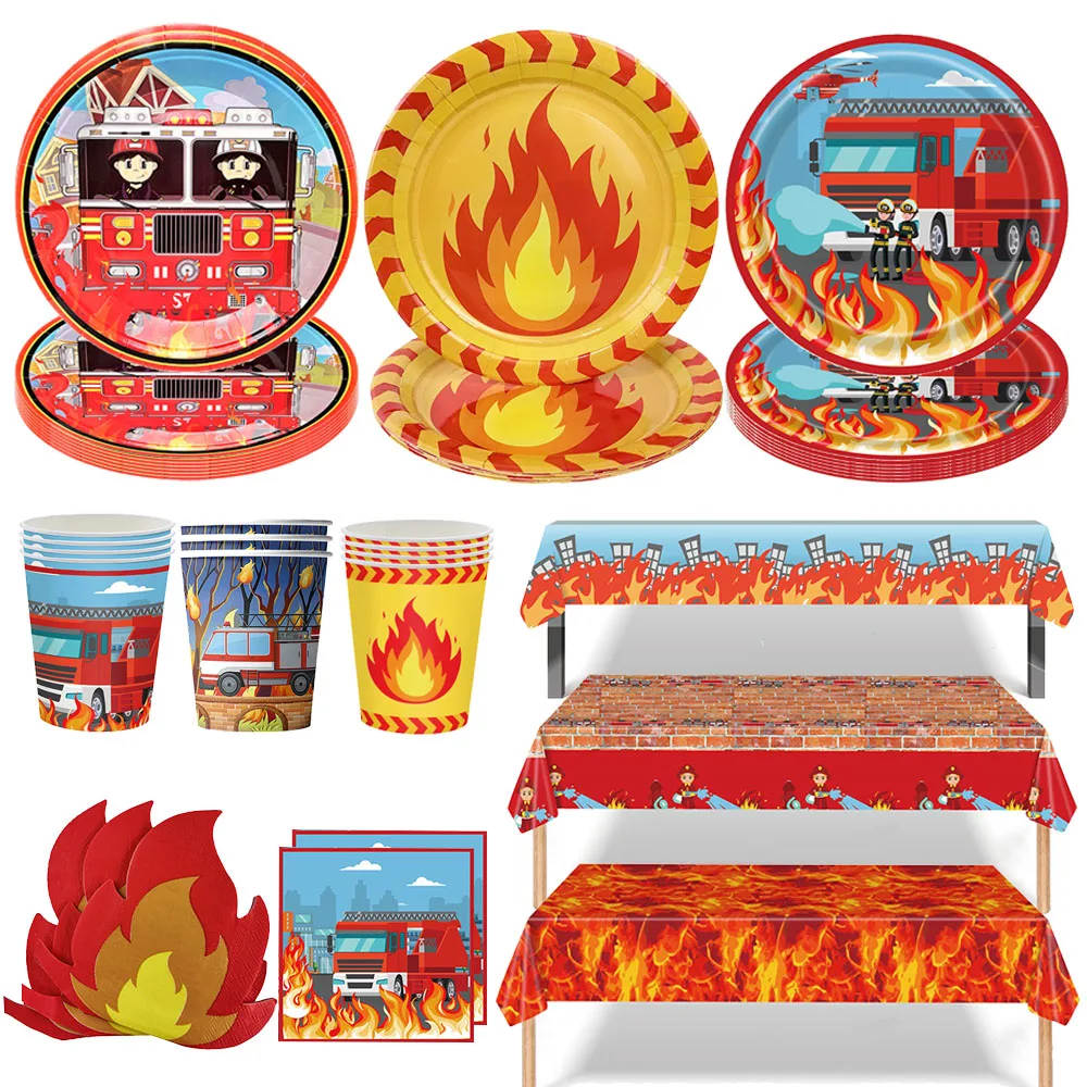 Fireman Party Tableware Plates Cups Napkin Fire Engine Balloon Kids Boys Firefighter Themed Birthday Party Decor Supplies