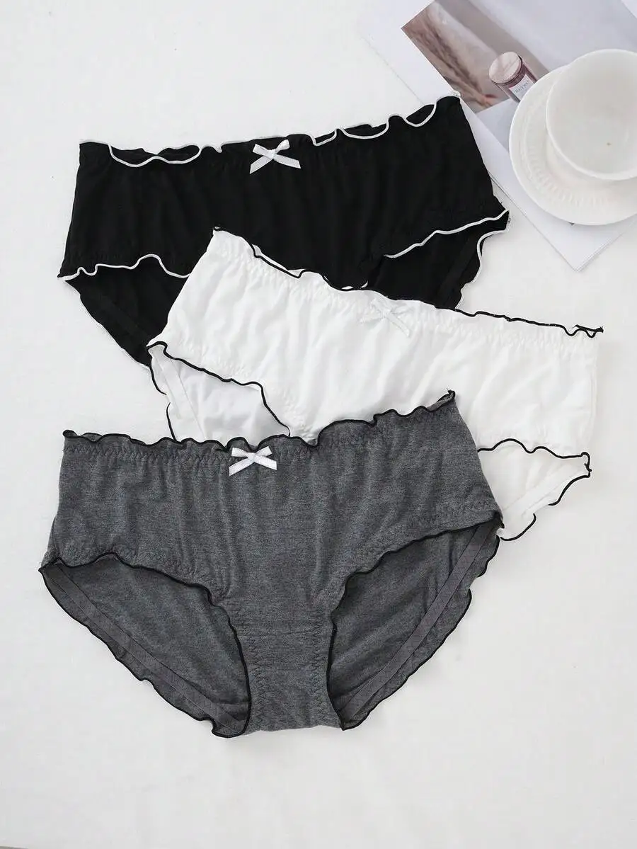 

Womens Plus Size 3pcs Bowknot Lace Trimmed Briefs Set
