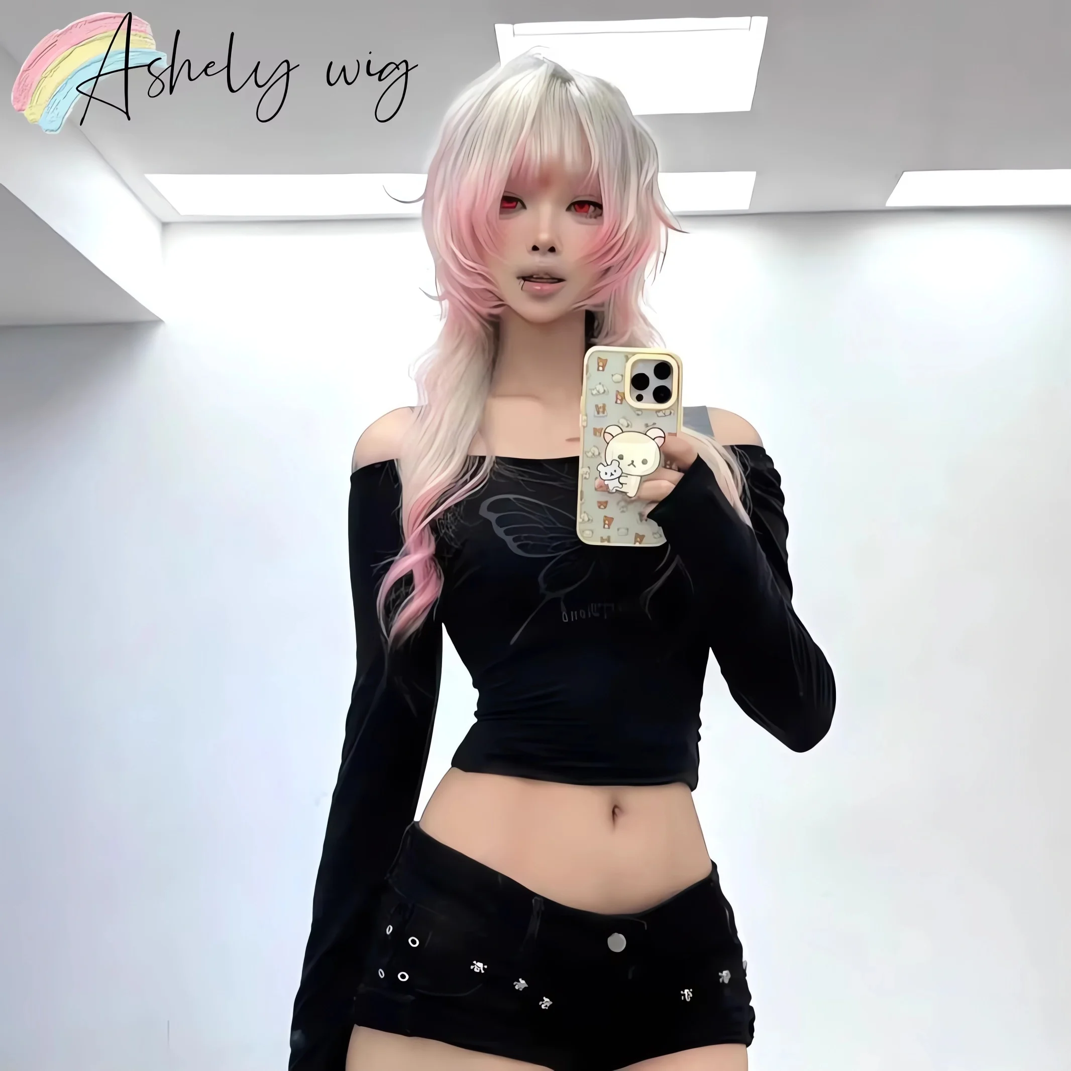 Ashley Peruk Kadın Pembe ve Beyaz Golleri Denizanası Uzun Kıvırcık Saç Cosplay Y2K Yüksek Seviye Simülasyon Kafa Bandı Peruk Sissy