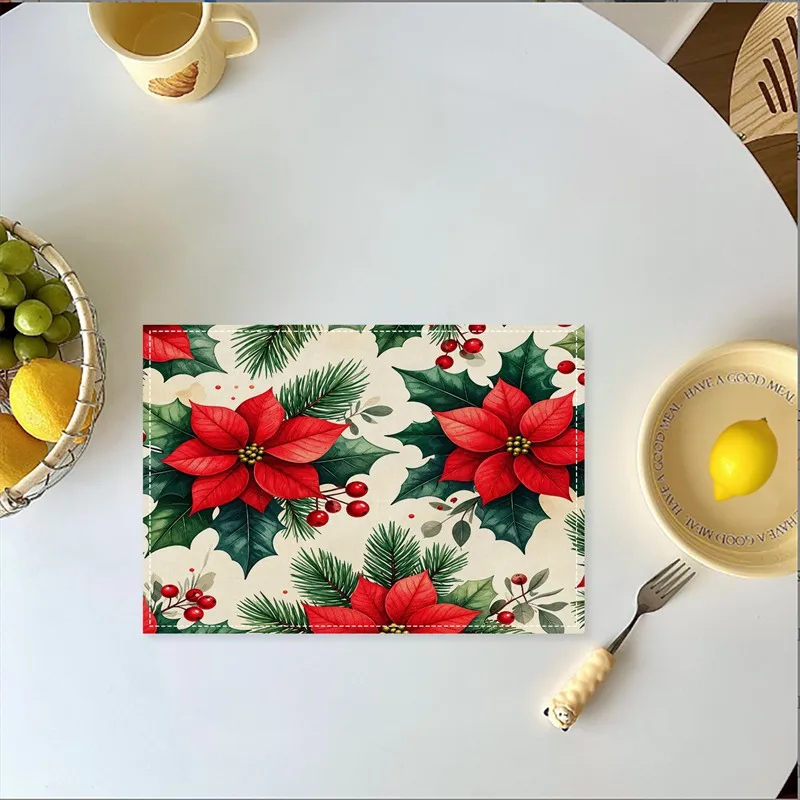 VIKAMA Linen Placemats Red Cream Poinsettia Snowman Village, Stain Resistant Easy to Clean, Dining Table Holiday Decor