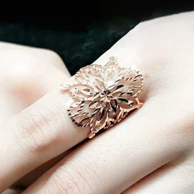 585 Purple Gold Plated 14K Rose Gold Hollow Flower Piece Shiny rings for women Adjustable Charm Elegant engagement ring Jewelry