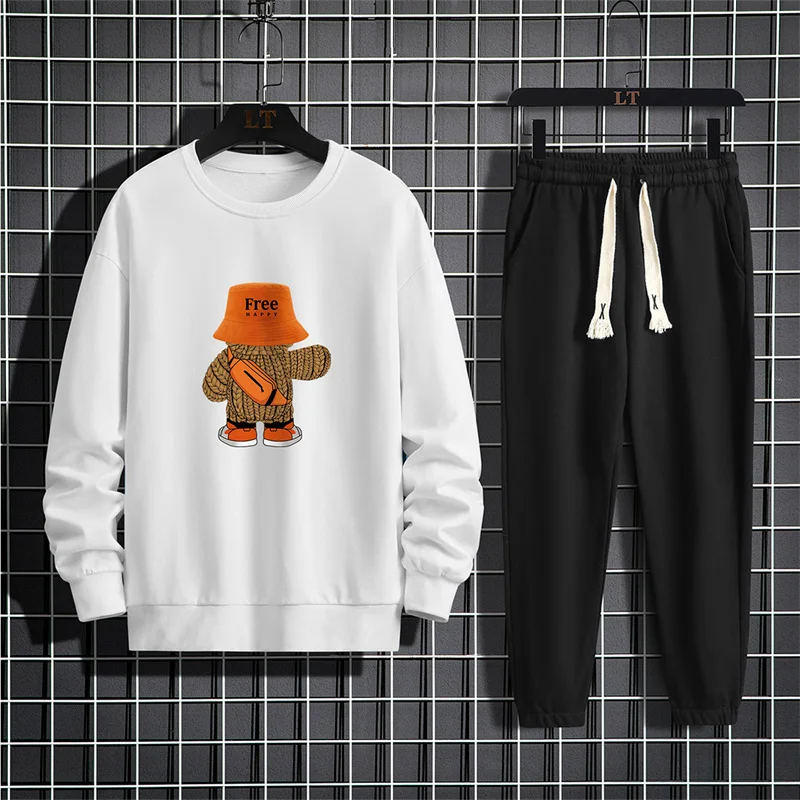 Spring and Autumn men\'s suit cartoon print round neck long sleeved loose sports shirt with casual sports pants two-piece set