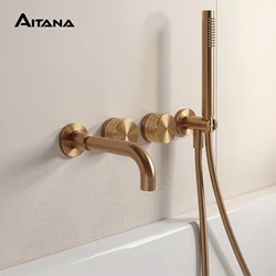 Luxury black brass wall mounted bathroom faucet with embedded design, dual handle hot and cold water simple bathtub faucet