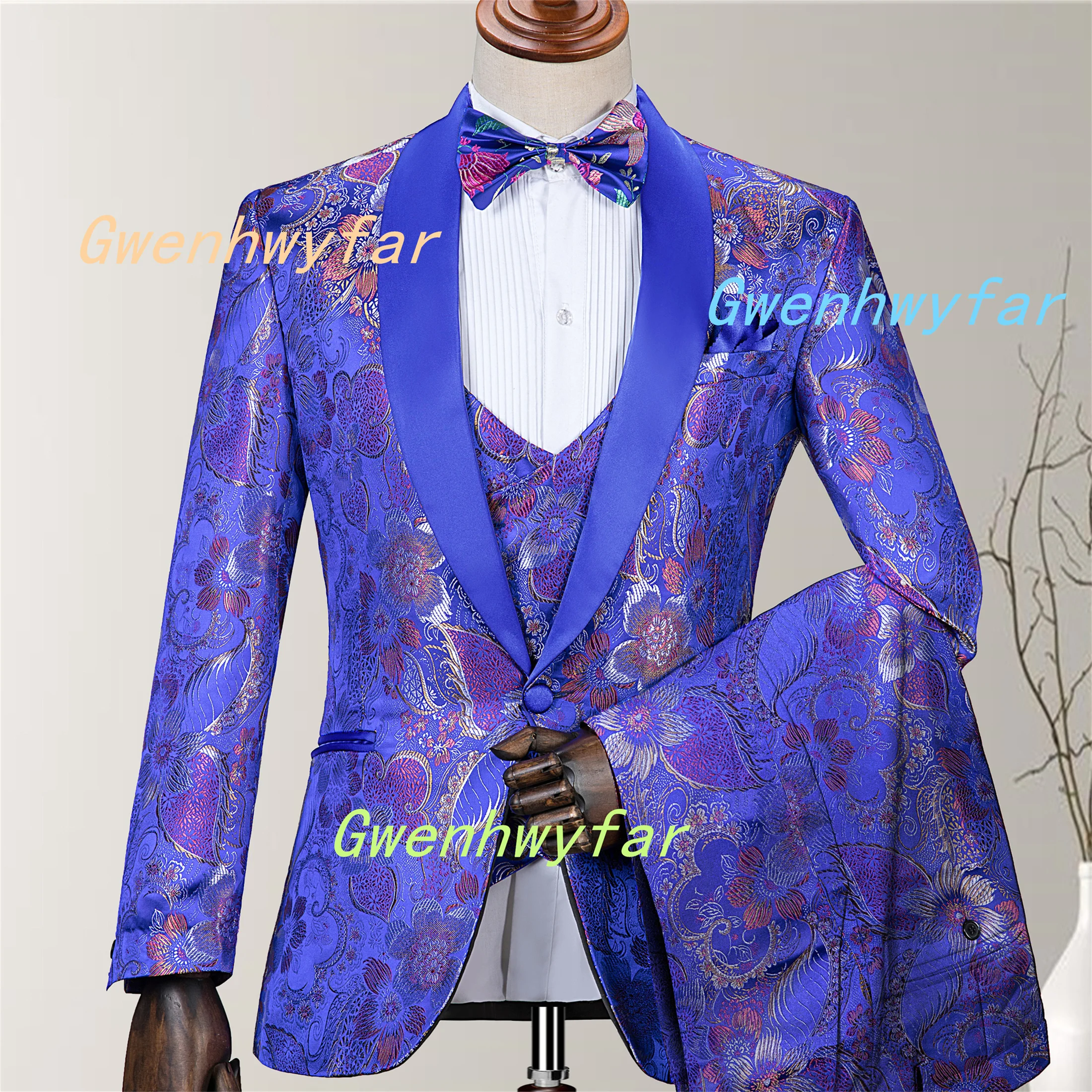 Gwenhwyfar Beautiful Ocean Algae Jacquard Suit in Royal Blue 2027 Shiny Brocade Wedding Groomsmen Tuxedos Jacket+Vest+Pants
