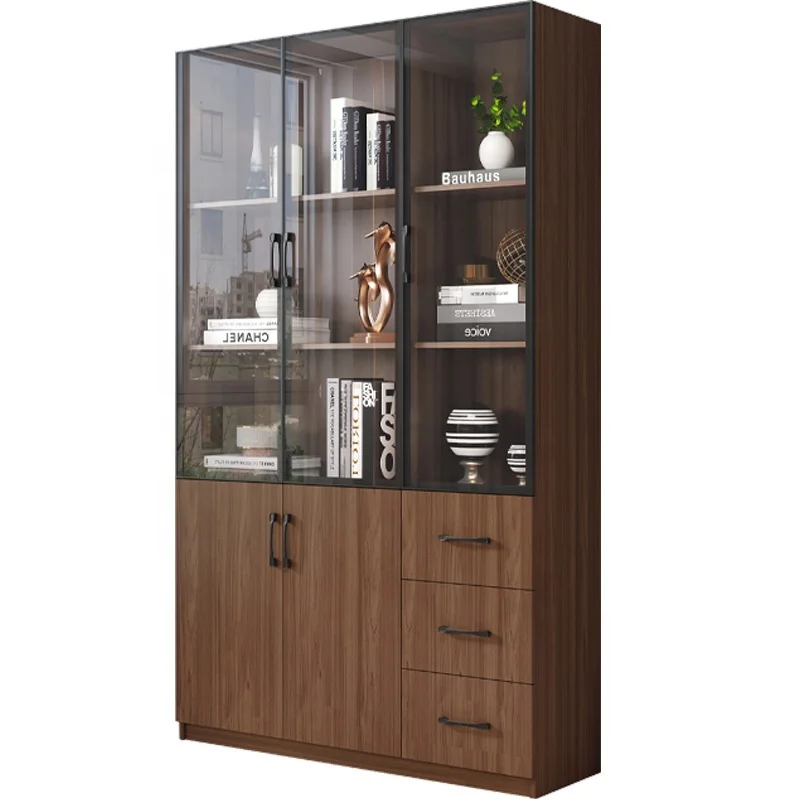 Multilayer Best Quality Wooden Custom Multi-Functional Cube Classical Walnut Bookcase With Glass Doors Models