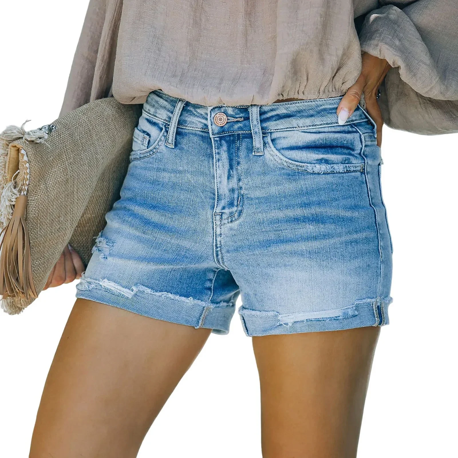 

Hole Shorts for Women 2025 Streetwear Ripped Jeans Stretch High Waist Washed Distressed Straight Denims Vintage Short Pants