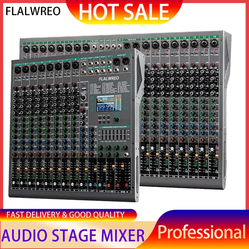 

FLALWREO Professional Audio Mixer 10/18channels with 99bit dps reverb chip Bluetooth USB MP3 for stage bar studio DJ