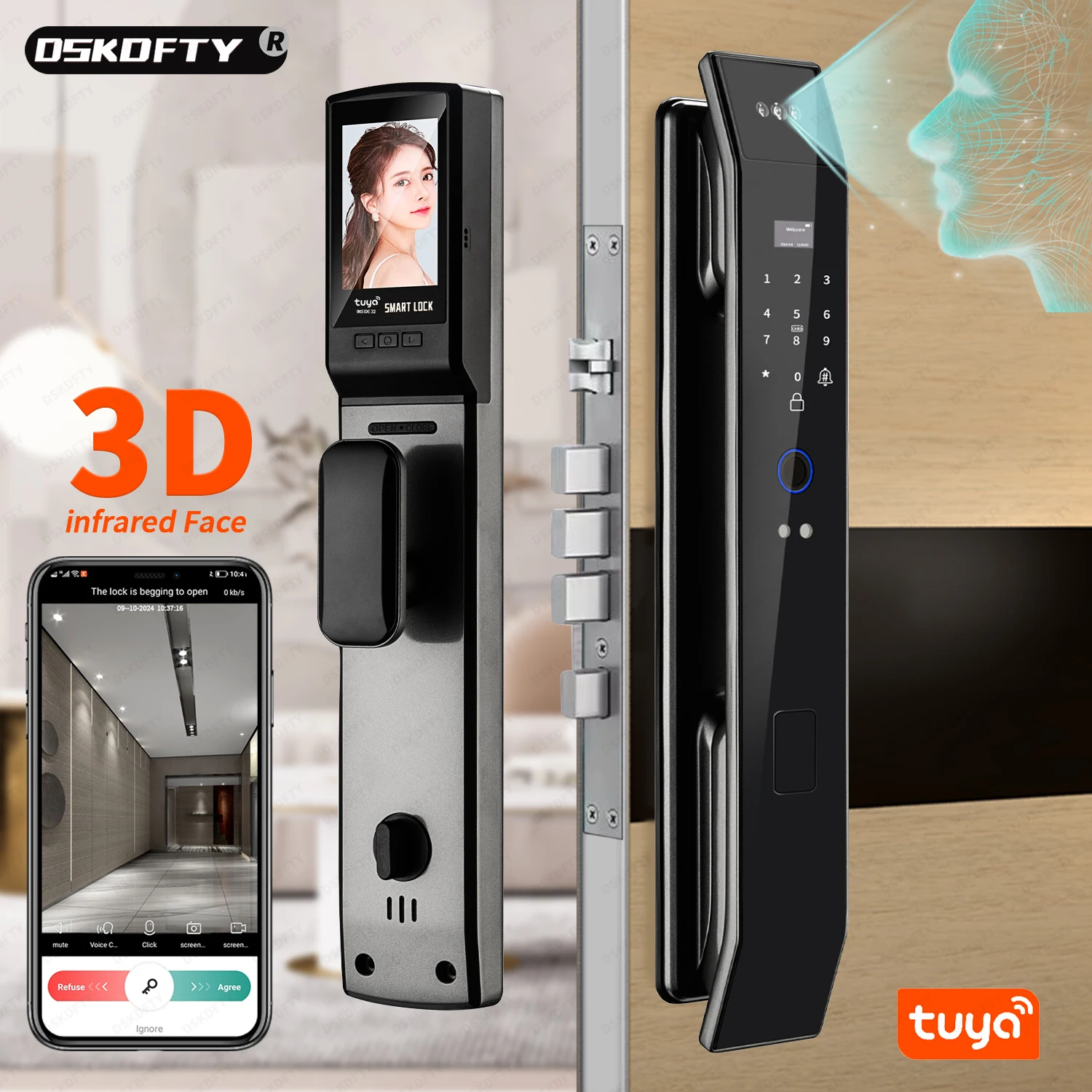 Tuya 3D Face Real-time Intercom Digital Electronic Door Lock Security Camera Intelligent Fingerprint smart lock for home