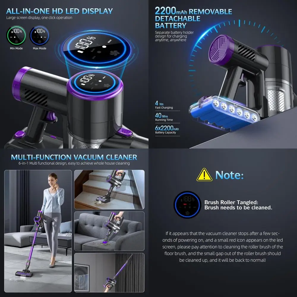 

Легкий беспроводной пылесос 6-в-1 с LED-дисплеем, 2 режимами, 40-минутным временем работы от аккумулятора для уборки полов и ковров в доме