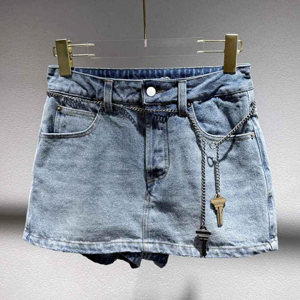 

2025 Summer New Blue High Waist Chain Denim Shorts Slim Fit Casual Wide Leg Pants Women skirts