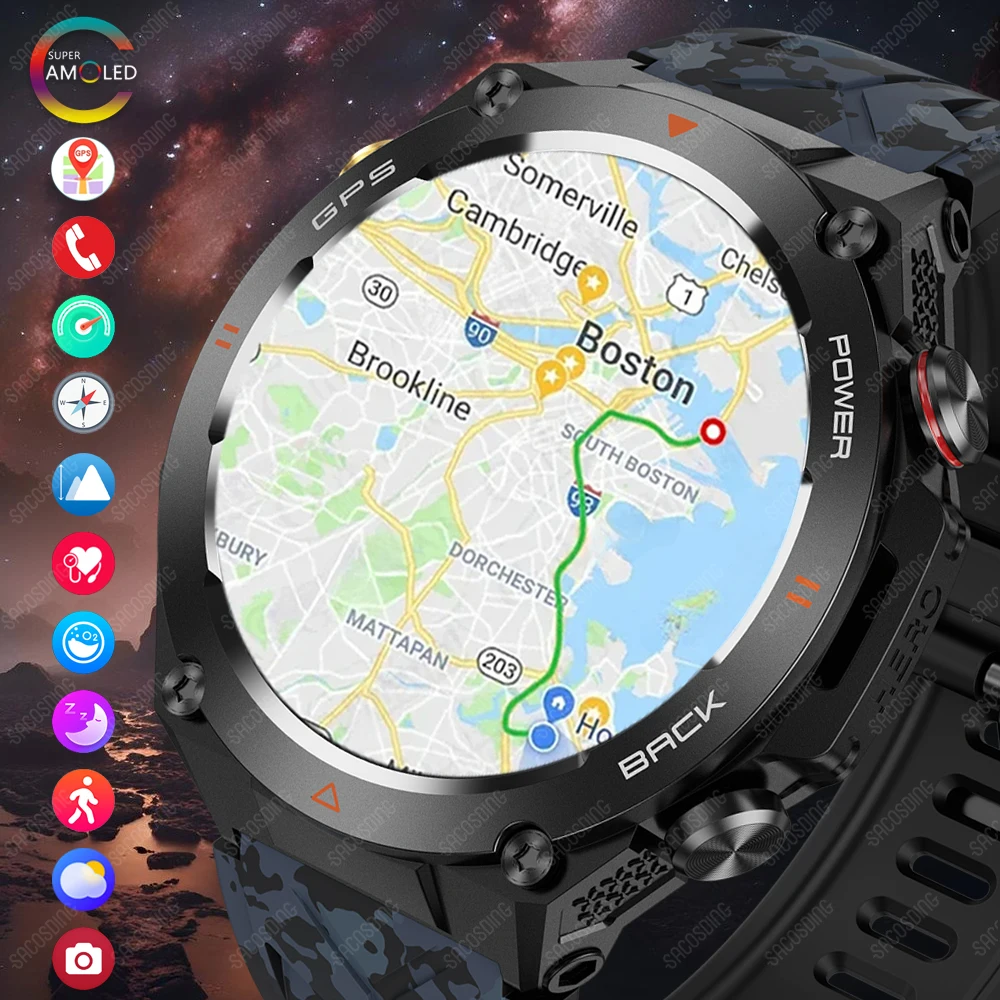 2024New Outdoor Military Smart Watch Men LED light AMOLED HD Screen Heart Rate Compass Bluetooth Call 3ATM Waterproof Smartwatch