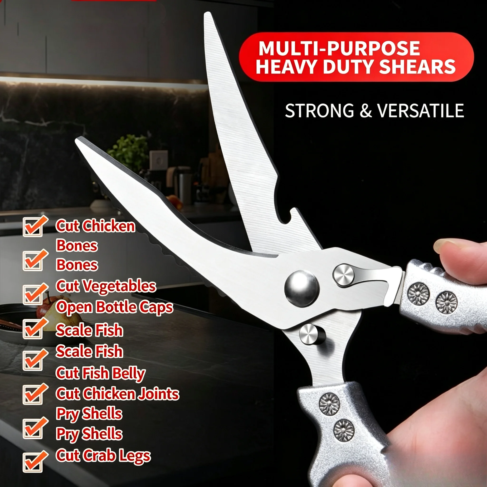 Heavy Duty Kitchen Bone Scissors Multipurpose Stainless Steel Household Shears For Cutting Chicken Bone Meat Vegetable Food Prep