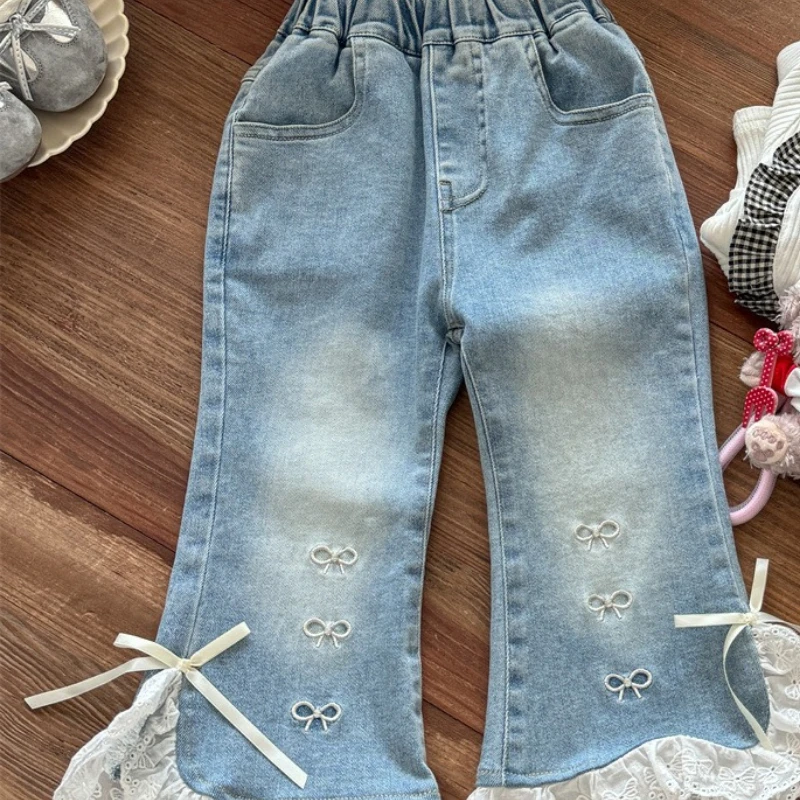 

Baby Lace Slit Jeans Spring Autumn New Item, Sweet and Stylish Flared Pants for Little Girls, Long Pants