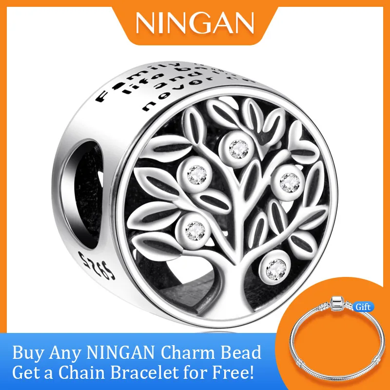 

NINGAN Family Tree Charm Beads for Bracelet Making Sterling Silver Jewelry Diy Necklace Openwork Pendant Mom gift