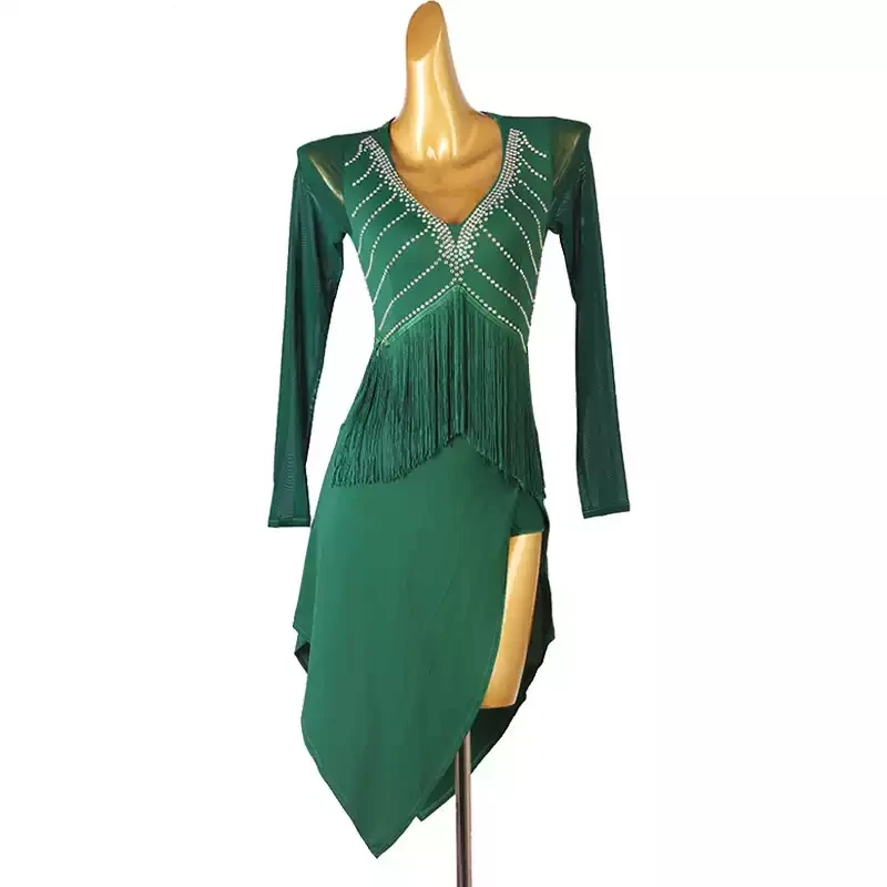 Green Womens Latin Dance Dress Competition Prom Costume Girls Short Skirts Practice Tassel Clothes Dancewear Sexy Stage Outfits