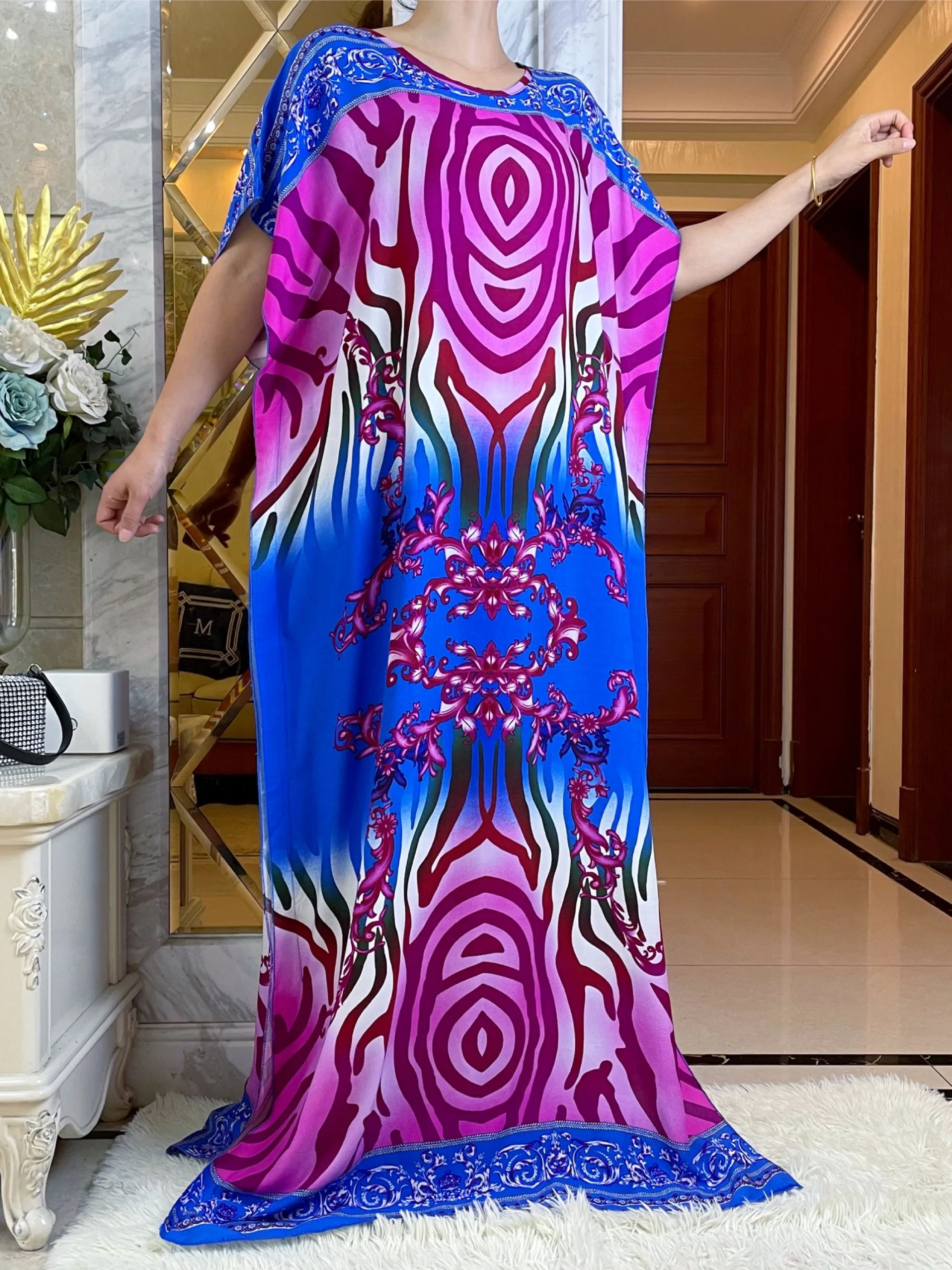 2023Summer African Dress With Big Scarf  Short Sleeve African Dashiki Floral Print  Cotton Caftan Lady Summer Maxi Casual Dress