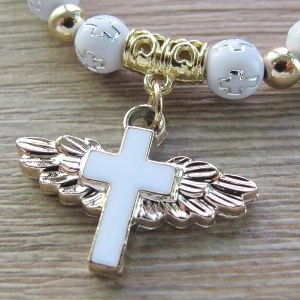Exquisito pulsera acrílica con forma de cruz de ala de Ángel para niños, joyería de bautizo de primera comunión, pulseras de Rosario de Ángel, cadena de cuentas de moda