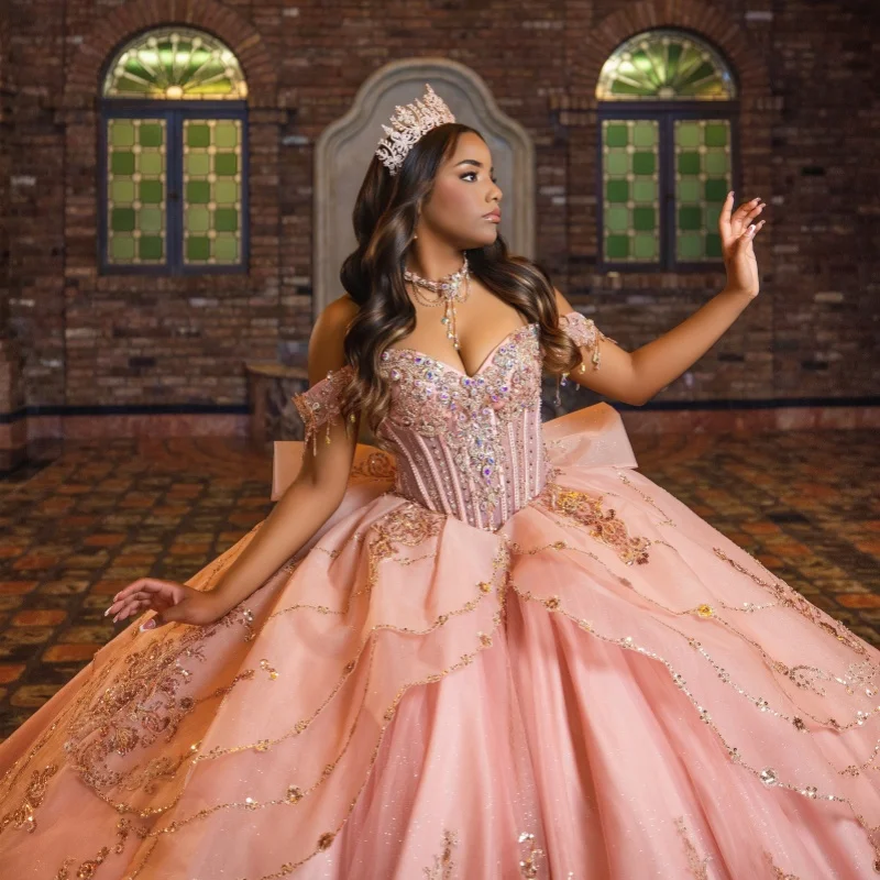 

Pink Quinceanera Dress off-shoulder Golden Glitter Crystal Decal Lace Frill Long tail Bow vestidos de 15 Quinceanera ﻿Customize