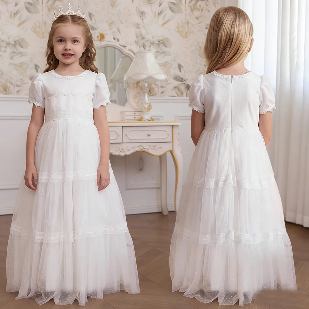 

Элегантное детское платье принцессы в горошек с короткими рукавами и многоярусной кружевной отделкой, праздничное платье для первого причастия, свадьбы, крестин