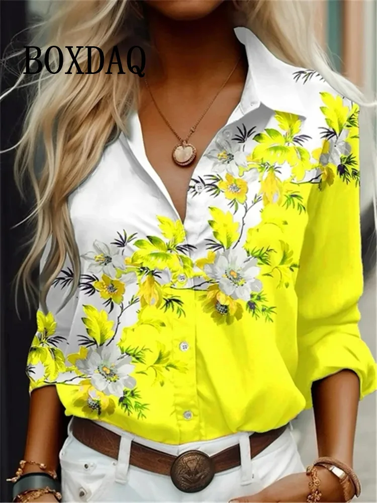 2024 Women\'s Shirt Blouses Flowers Printing Button Loose Long Sleeve Tops Casual Elegant Fashion Lapel Spring Autumn Lady Blouse