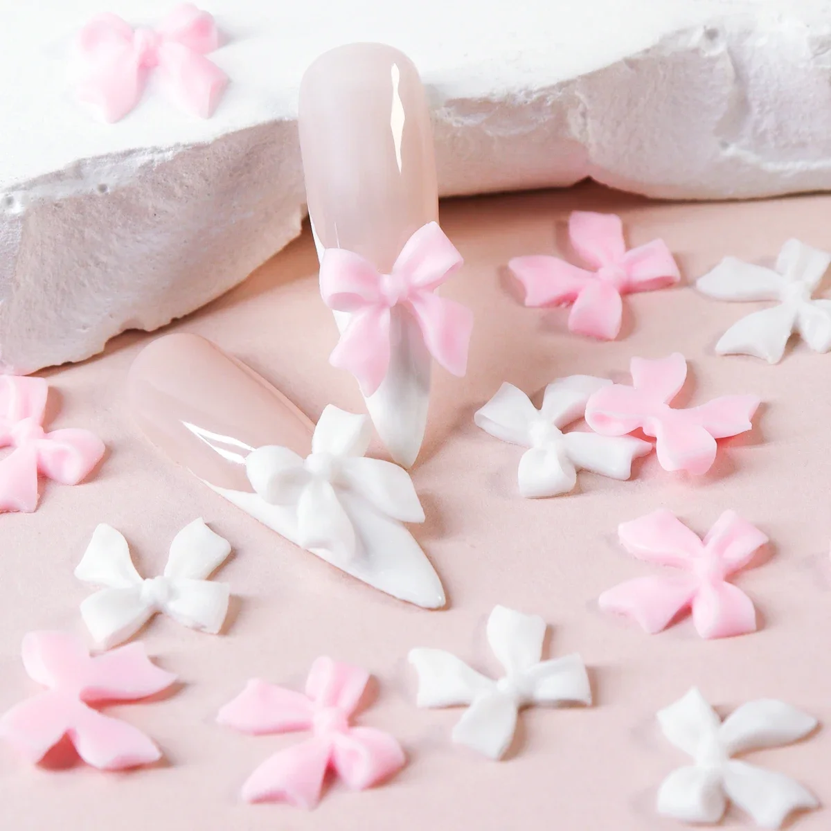 50pcs Pink White Ribbon Bow Nail Charms Decoration Kawaii 3D Nail Art Accessories Korean DIY Professional Nails Supplies