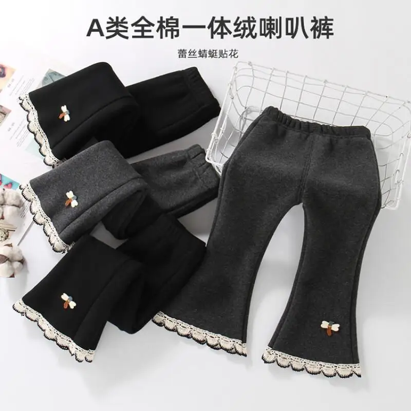 

Детская одежда для девочек, весна-осень 202, расклешенные брюки, однотонные удобные брюки, повседневная детская одежда с кружевным подолом