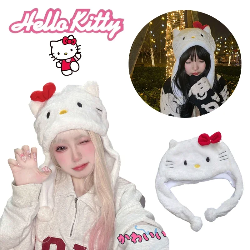 Hello Kitty Plush Hat Cartoon Cute Sweet Soft Girl Autumn Winter Warm Female Three-dimensional Hat Student Kawaii Accessories