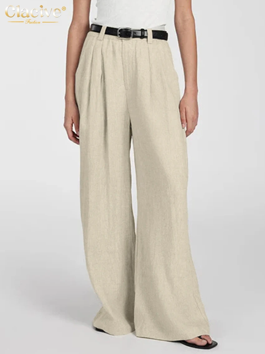

Clacive Casual Loose Beige Cotton Women's Pants 2025 Fashion High Waist Wide Trousers Elegant Classic Full Length Pants Female
