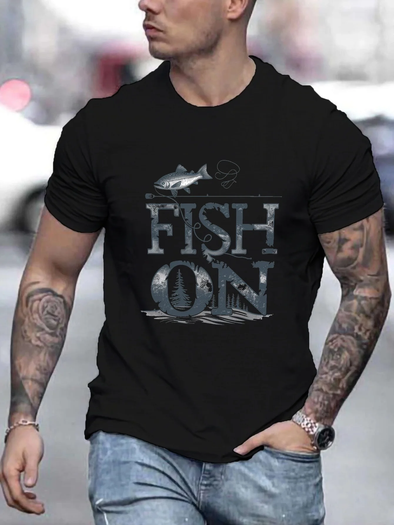 Fishing Graphic Jumping Fish & FISH ON Design T-Shirt 100% Cotton O-Neck Short Sleeve Summer Casual Mens T-shirt Streetwear