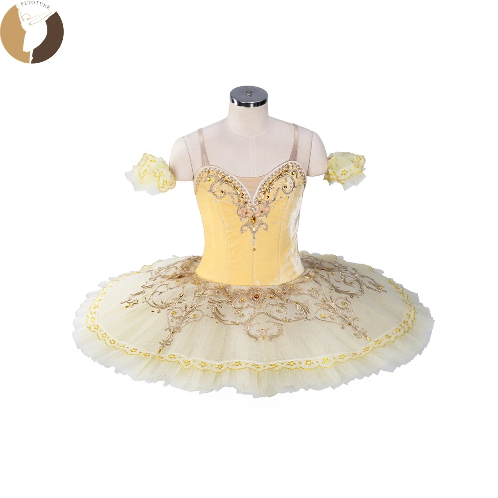 FLTOTURE 2023 New Elastic Velvet Body Yellow Tutu Skirt For Adult Kids Professional Ballet Paquita Nutcracker Competition Dress