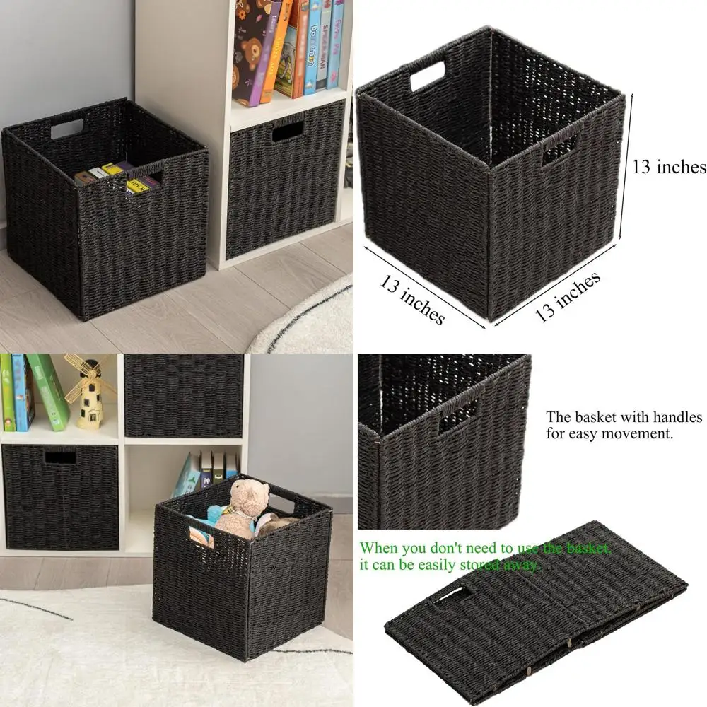

Набор из 4 складных бумажных плетеных корзин для хранения вещей, идеальных для помещений и кабинет (13 x 13 x 13, черных)