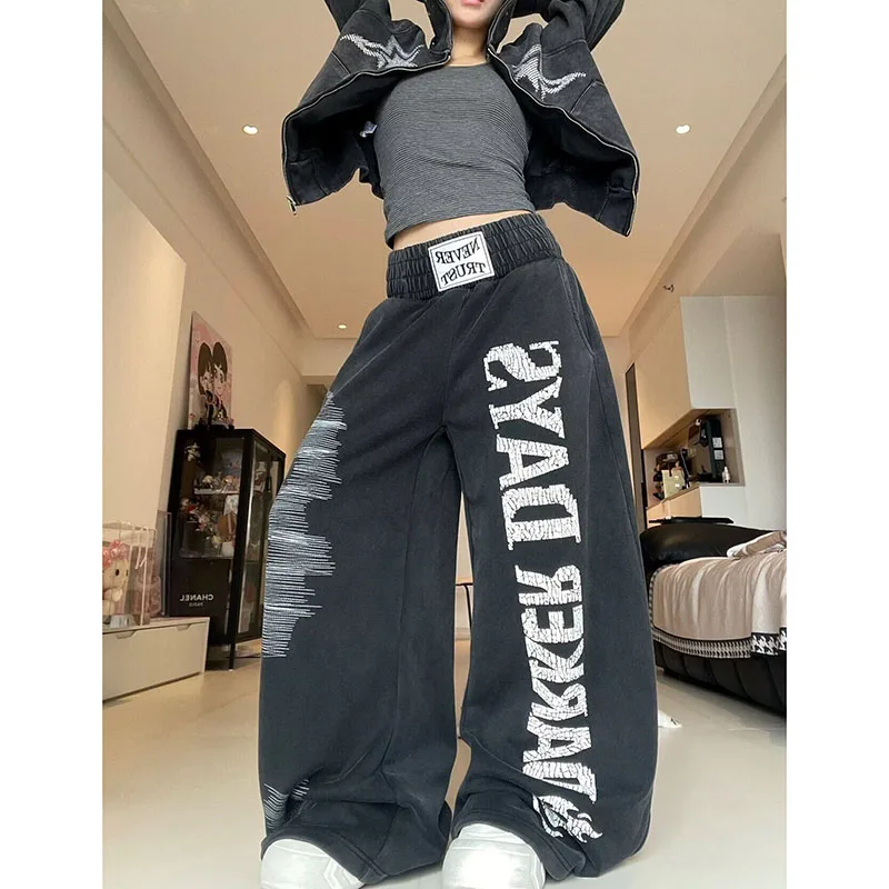 Unisex Washed Vintage Letter‑Print Casual Sweatpants Lady Lazy‑Style Fashion Versatile Long Trousers Daily Casual for Men Wome