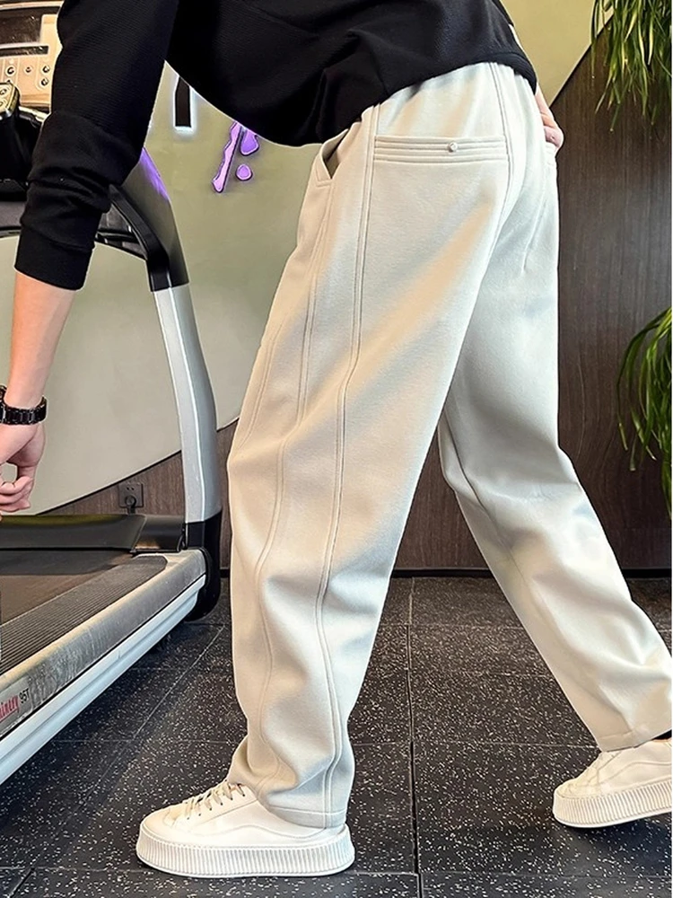 

Winter High-End Heavyweight Splice Straight Leg Sport Casual Pants Men Loose Luxury Long Sweatpants Fce Lined Thiened