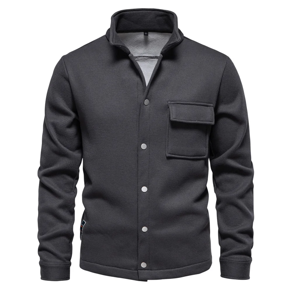Autumn Winter Fleece Waffle Lapel Zip-Up Jacket Men's Pocket Casual Outerwear
