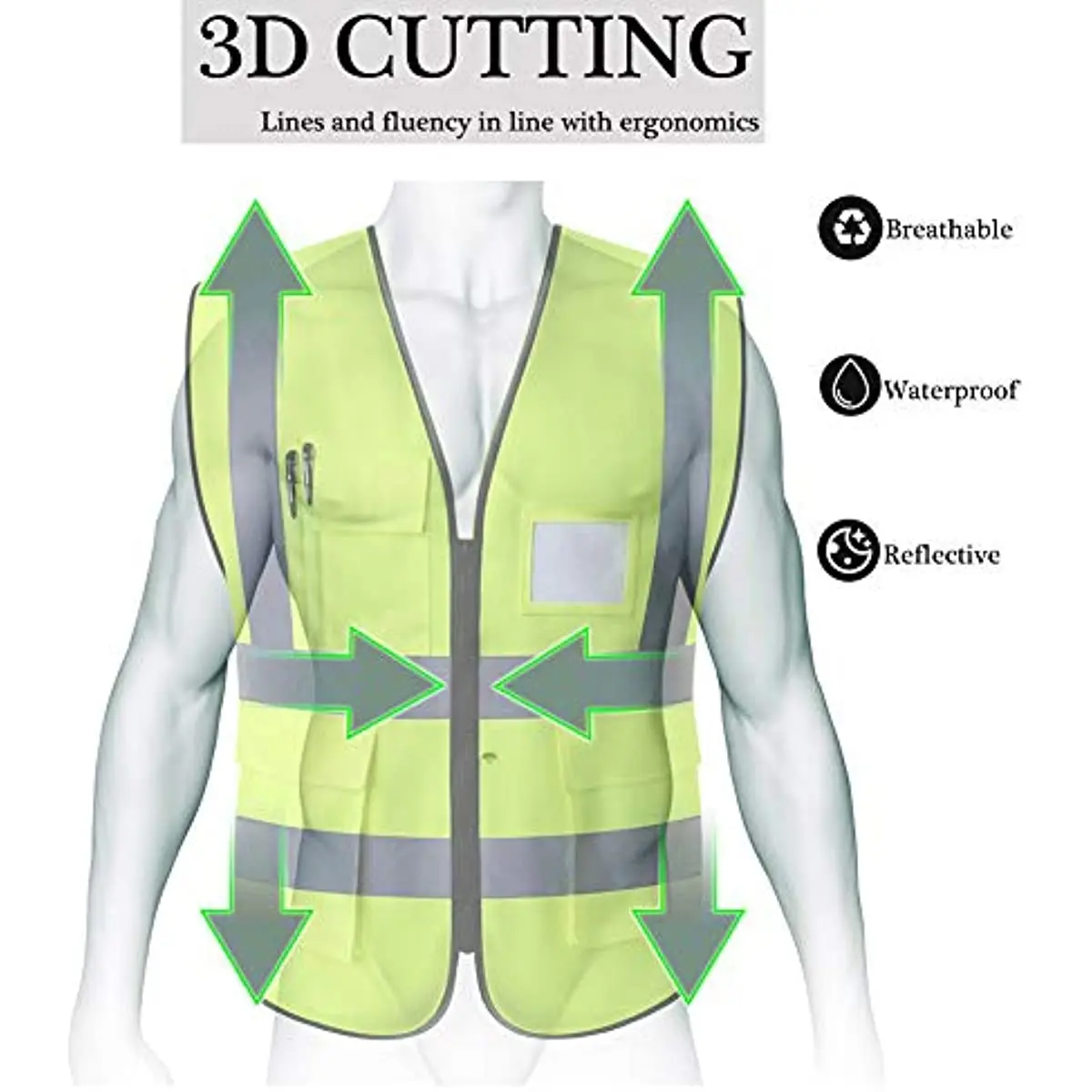 Reflecterend Veiligheidsvest Met Zakken En Rits Aan De Voorkant, Neon Geel, Voldoet Aan De Ansi/Isea-Normen