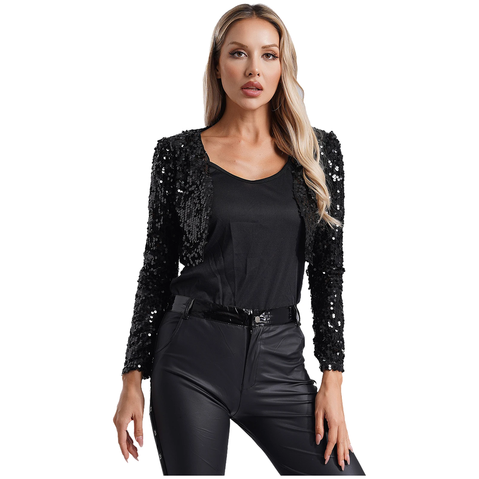 

Womens Sequins Crop Jacket Coat Open Front Long Sleeve Fully Lining Cardigan Cropped Blazer Bolero for Cocktail Nightclub Party