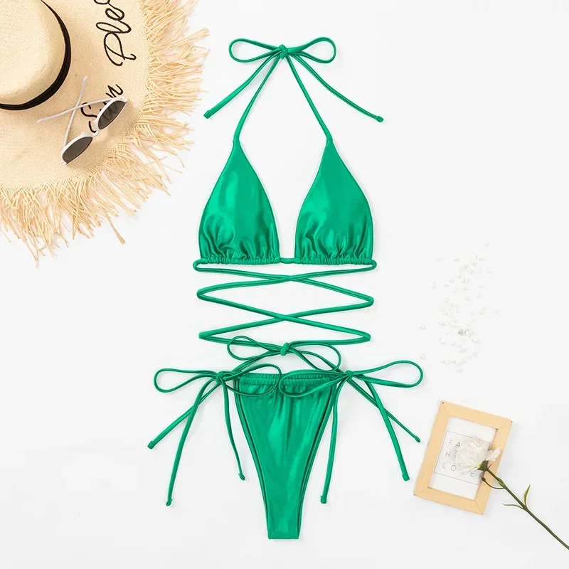 

Sexy Silk String Cross Swimwear Triangle Micro Bikini Thong Swimsuit 2024 Women Halter Bathing Suit Biquinis Bikinis Set Mujer