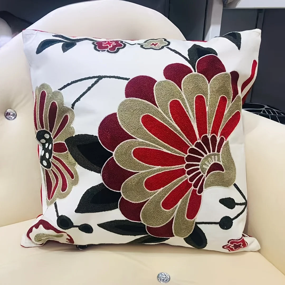 Roter Beige Blumenmuster Kissenbezug Boho Vintage Großblumiger Druck Dekorativer Kissenbezug für Sofa Couch Wohndekor